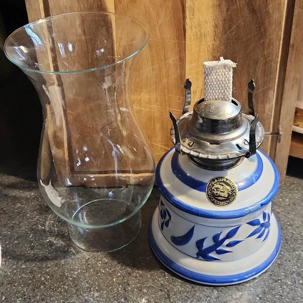 Vintage Lamplight blue ceramic oil lamp with wick and glass toper